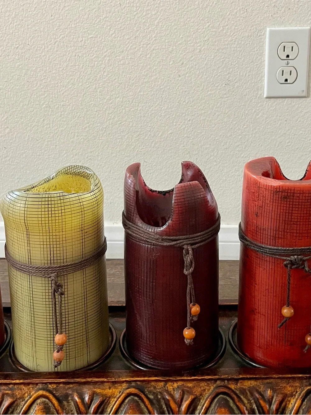 Decorative Multicolor Pillar Candle Set with Ornate Tray